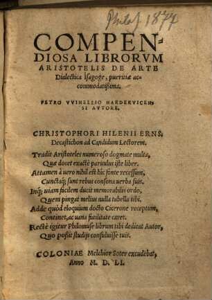 Compendiosa Librorum Aristotelis De Arte Dialectica Isagoge : pueritiae accomodatißima