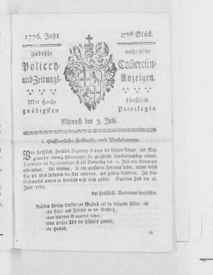 27tes Stück, Ausgabe vom 3. Julii 1776