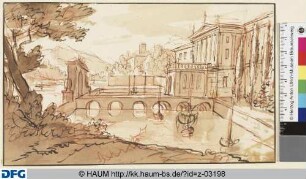 Theaterdekoration: Landschaft am Wasser mit Schloss rechts
