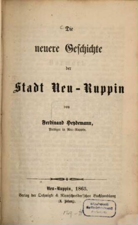 Die neuere Geschichte der Stadt Neu-Ruppin