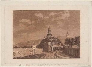 Das Meinholdsche Turmhaus an der Ecke Weinbergstraße Hoflößnitzstraße in Radebeul-Oberlößnitz, Teil des heutigen Weinguts Aust auf dem historischen Meinholds Weinberg, im Hintergrund rechts das Spitzhaus