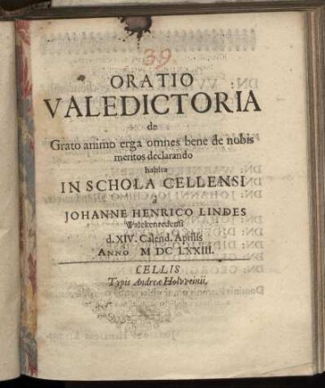 Oratio Valedictoria de Grato animo erga omnes bene de nobis meritos declarando
