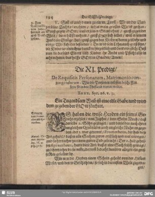 Die XI. Predigt, De Requisitis Personarum, Matrimonio coniungendarum; Wie die Personen müssen beschaffen seyn, so in den Ehestand tretten wollen