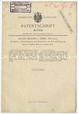 Patentschrift einer drehbaren Befestigung des Klopfers an Dreschflegeln, Patent-Nr. 37039