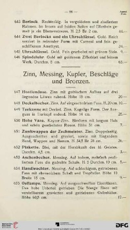 Zinn, Messing, Kupfer, Beschläge und Bronzen (Nr. 647-700)