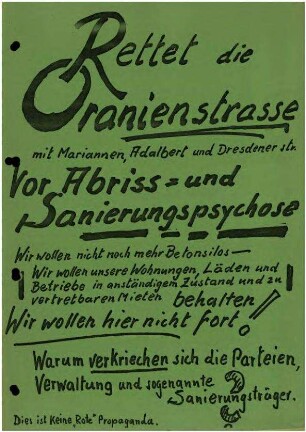 Flugschrift: Rettet die Oranienstrasse