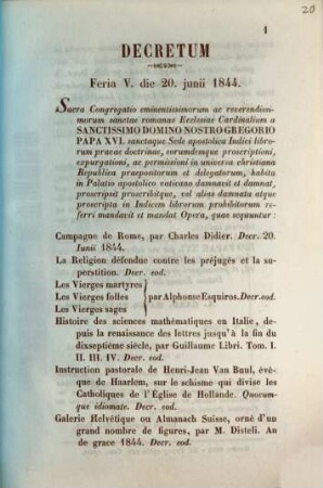 Decreta Sacrae Congregationis Indicis librorum prohibitorum, 1,20. 1844, 20. Juni