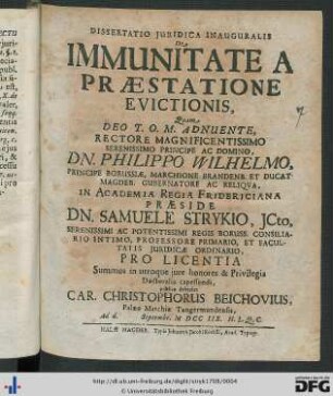 Dissertatio Juridica Inauguralis De Immunitate A Præstatione Evictionis