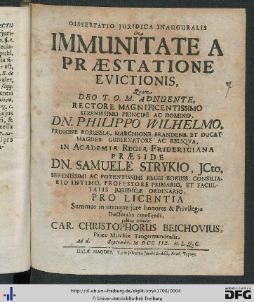 Dissertatio Juridica Inauguralis De Immunitate A Præstatione Evictionis