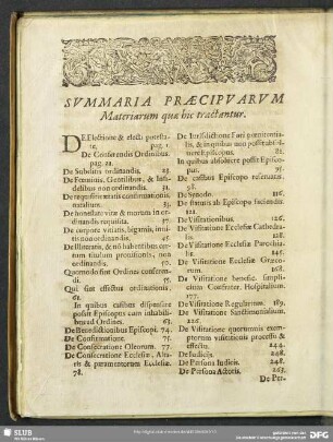 Summaria Praecipuarum Materiarum quae hic tractantur