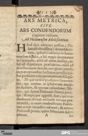 Ars Metrica, Sive Ars Condendorum eleganter versuum. Ad Philomuson Adolescentem.