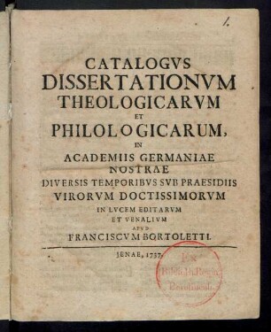 Catalogvs Dissertationvm Theologicarvm Et Philologicarum In Academiis Germaniae Nostrae Diversis Temporibvs Svb Praesidiis Virorvm Doctissimorvm