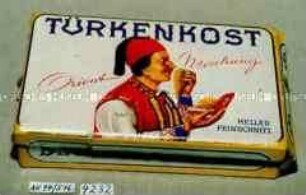 Pappschachtel für 50 Gramm Tabak "TÜRKENKOST Orient Mischung HELLER FEINSCHNITT" (Abbildung eines Türken, am Tabak riechend)