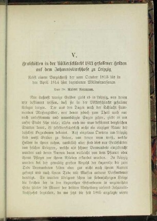 V. Grabstätten in der Völkerschlacht 1813 gefallener Helden auf dem Johanniskirchhofe zu Leipzig