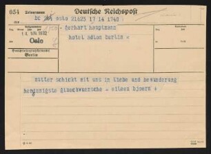 Brief von Eileen Bjørnson und Bjørn Bjørnson an Gerhart Hauptmann