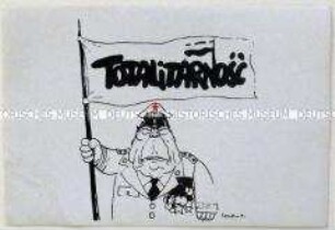 Aufkleber der oppositionellen Gewerkschaft "Solidarnosc" aus Polen mit einer Karikatur auf die Militärherrschaft