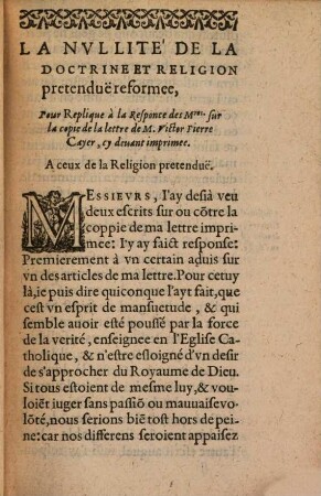 La Nullité de la Doctrine et religion pretendue reformée : ... sur la copie de la lettre de Victor Pierre Cayer ...