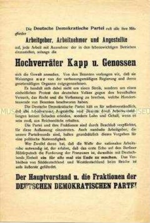 Streikaufruf der Deutschen Demokratischen Partei zur Niederschlagung des Kapp-Putsches