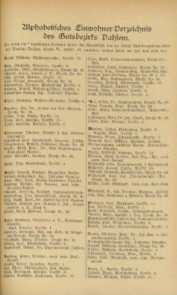 Alphabetisches Einwohner-Verzeichnis des Gutsbezirks Dahlem