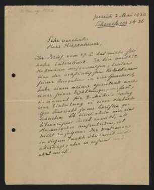 Brief an Gustav Kiepenheuer : 02.05.1920