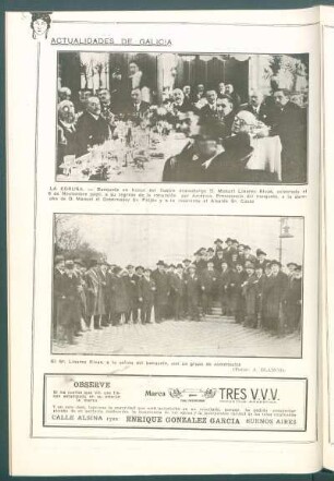 [Vista de] La Coruña. - Banquete en honor del ilustre dramaturgo D. Manuel Linares Rivas : [Con] D. Manuel el Gobernador Feijóo [y] el Alcalde [Manuel] Casas [Fernández] [Foto de A. Blanco]
