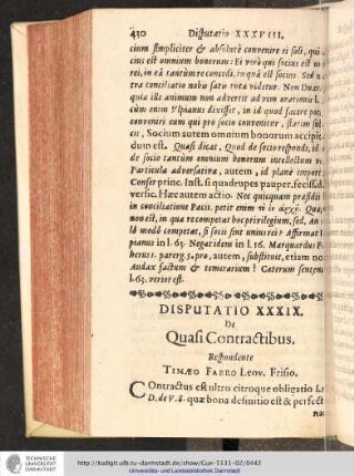 Disputatio XXXIX. De Quasi Contractibus