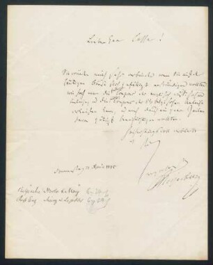 Eigenhändiger Brief Giacomo Meyerbeer an den Bankier Lassar, betreffen Börsenangelegenheiten.