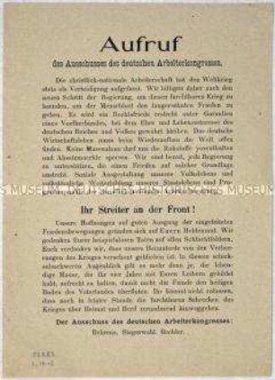 Aufruf des Ausschusses des deutschen Arbeiterkongresses zur Unterstützung eines Rechtsfriedens