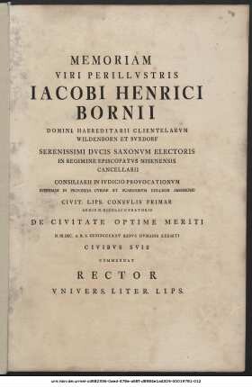Memoriam Viri Perillustris Jacobi Henrici Bornii ... De Civitate Optime Meriti D. III. Dec. A. R. S. MDCCLXXV Rebus Humanis Exemti Civibus Suis Commendat