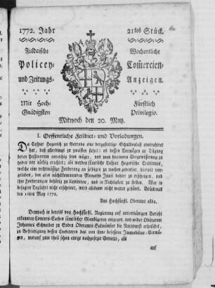 21tes Stück, Ausgabe vom 20. May 1772