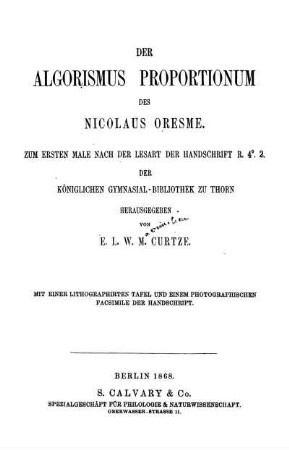 Der Algorismus proportionum des Nicolaus Oresme