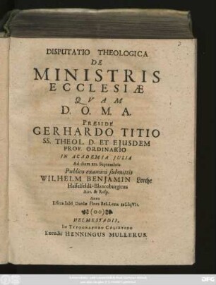 Disputatio Theologica De Ministris Ecclesiae