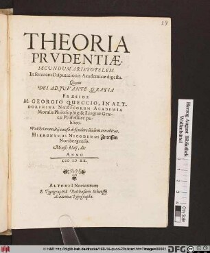 Theoria Prudentiae. Secundum Aristotelem : In formam Disputationis Academicae digesta