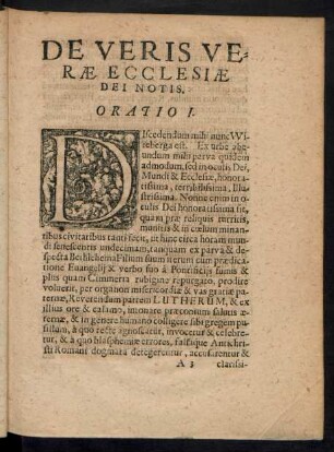 De Veris Verae Ecclesiae Dei Notis. Oratio I.