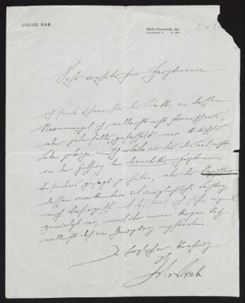 Brief von Julius Bab an Gerhart Hauptmann