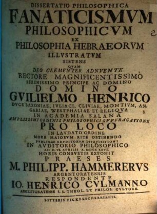 Dissertatio Philosophica Fanaticismum Philosophicum Ex Philosophia Hebraeorum Illustratum Sistens