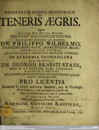 Dissertatio Medica Inauguralis De Teneris Aegris