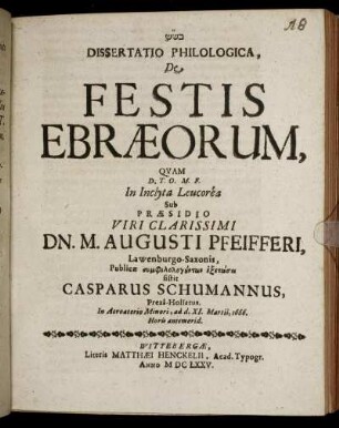 Dissertatio Philologica, De Festis Ebraeorum