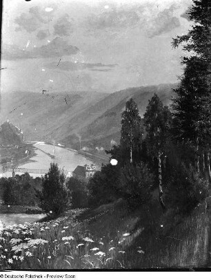 Landschaft bei Aussig mit Elbtal und Schreckenstein : Landschaft bei Aussig mit Elbtal und Schreckenstein. Tempera? um 1900