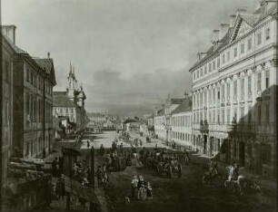 Warschau, Lange Straße (Bluga, in Richtung Krasinski-Platz, links: Steczynski-Palast, Kloster und Kirche der Piaristen, rechts Barockpalast, Theaterkonvikt)