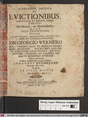 Disputatio Iuridica De Evictionibus, Absolute Et Relate Consideratis