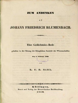 Zum Andenken an Joh. Friedr. Blumenbach : Eine Gedächtniß-Rede