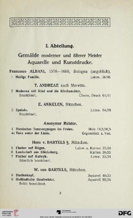 Gemälde moderner und älterer meister Aquarelle und Kunstdrucke (Nr. 1-222)