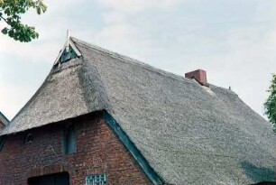 Reinbeker Straße 1: traufständige Backsteinkate mit Reetdach: Teilansicht: Dach an Straßenfront und Giebelseite Wirtschaftstrakt: oben Eulenlöcher, Giebelpfahl