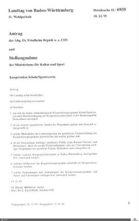 Antrag der CDU: Kooperation Schule / Sportverein