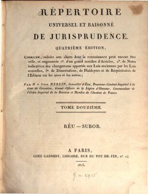 Répertoire universel et raisonné de jurisprudence, 12. Réu - Subor
