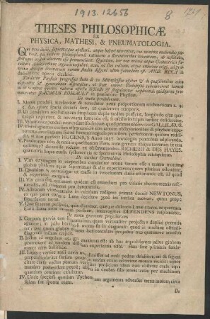 Theses Philosophicae Ex Physica, Mathesi Et Pneumatologia