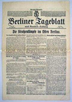 "Berliner Tageblatt" zu den revolutionären Märzkämpfen 1919 in Berlin