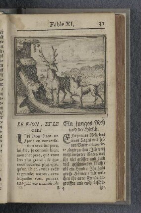 Fable XI. : Le faon, et le cerf. Ein junges Reh und der Hirsch.