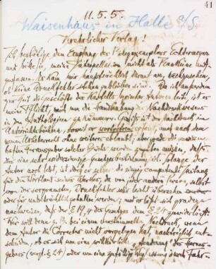 Brief an die Buchhandlung des Waisenhauses Halle a.d.S.